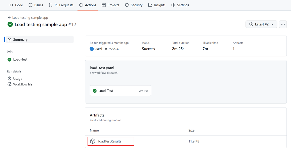 Screenshot that shows the GitHub Actions workflow summary page, highlighting the test results in the Artifacts section.