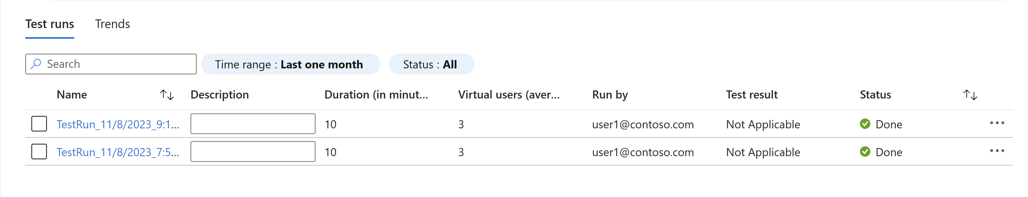 Screenshot that shows the list of test runs for a test in an Azure Load Testing resource.