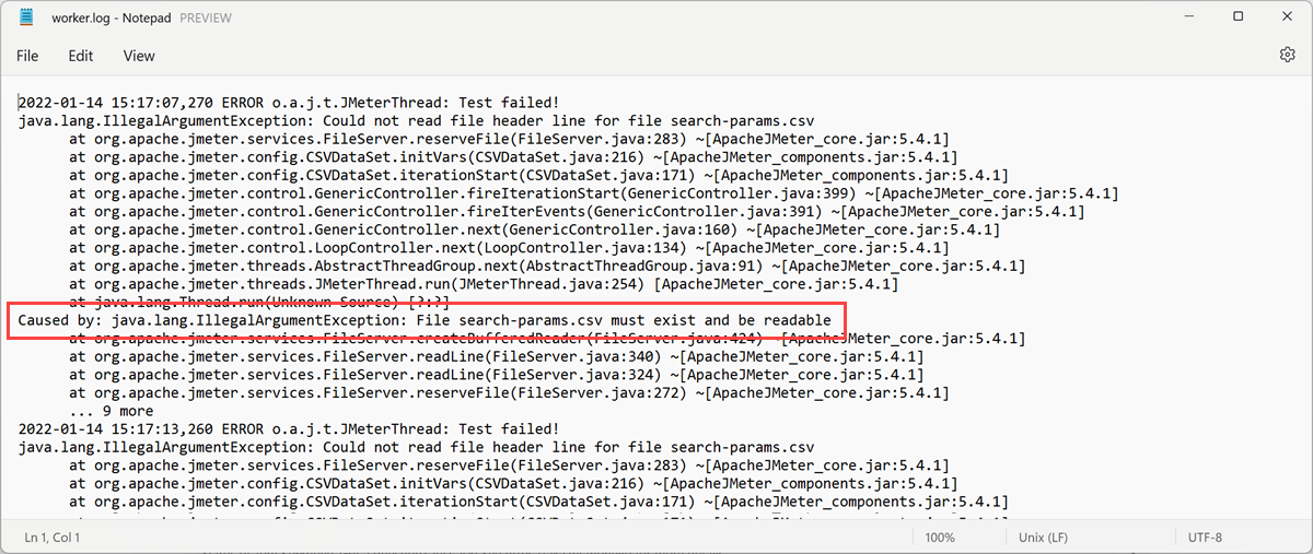 Screenshot that shows the JMeter log file content.