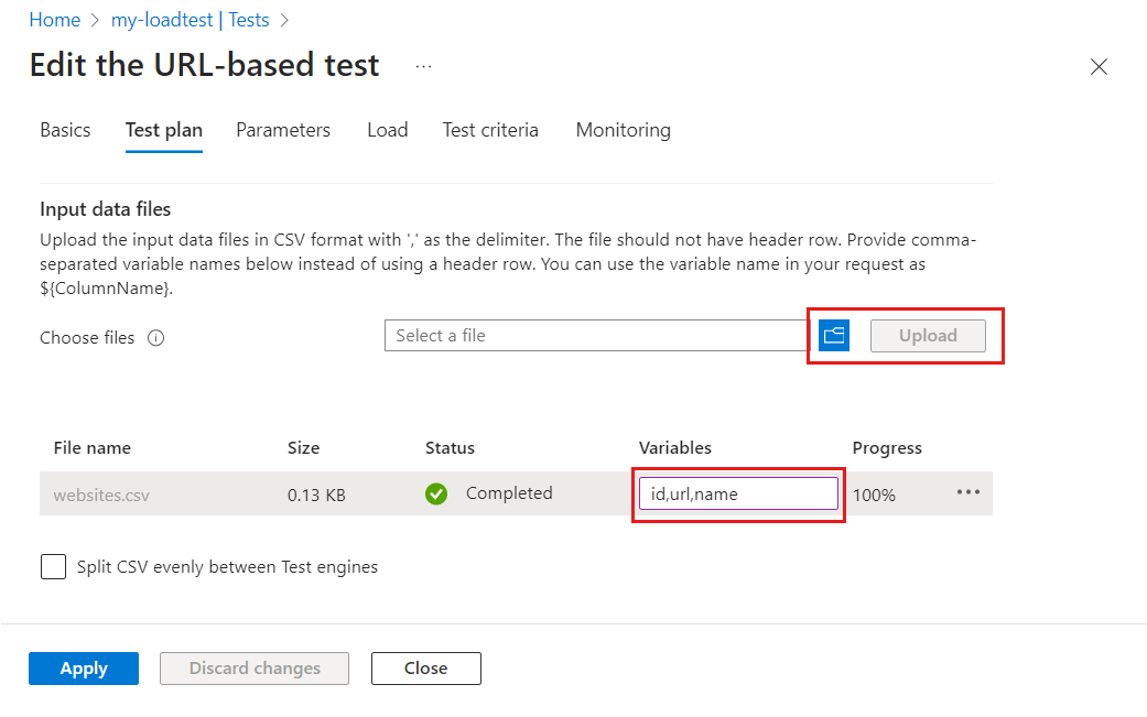 Screenshot of the Test plan tab on the Edit test pane.