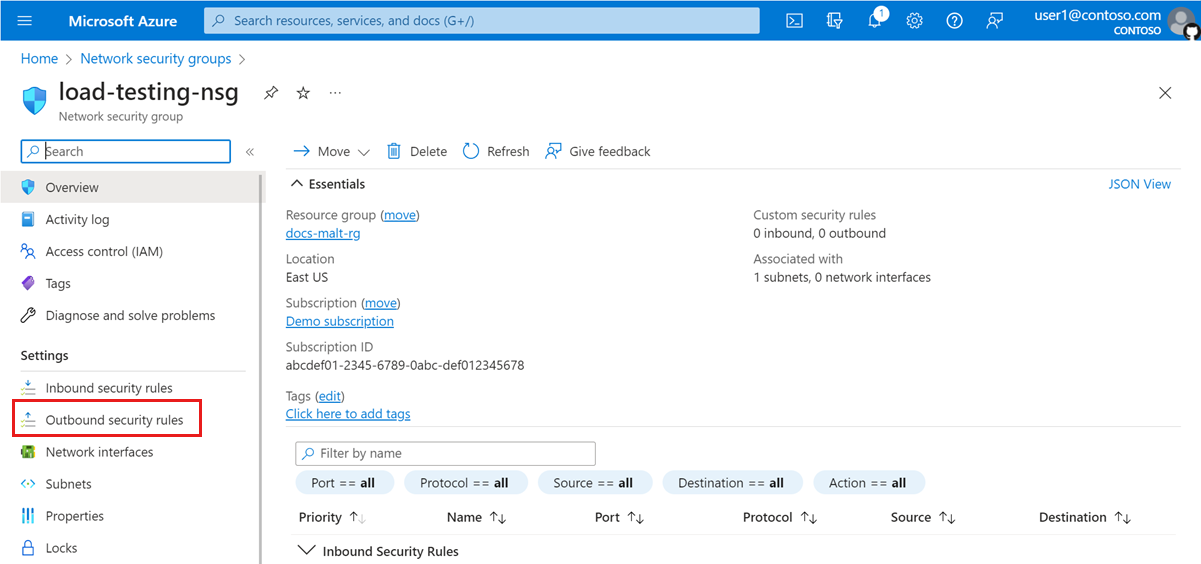 Screenshot that shows the network security group overview page in the Azure portal, highlighting Outbound security rules.
