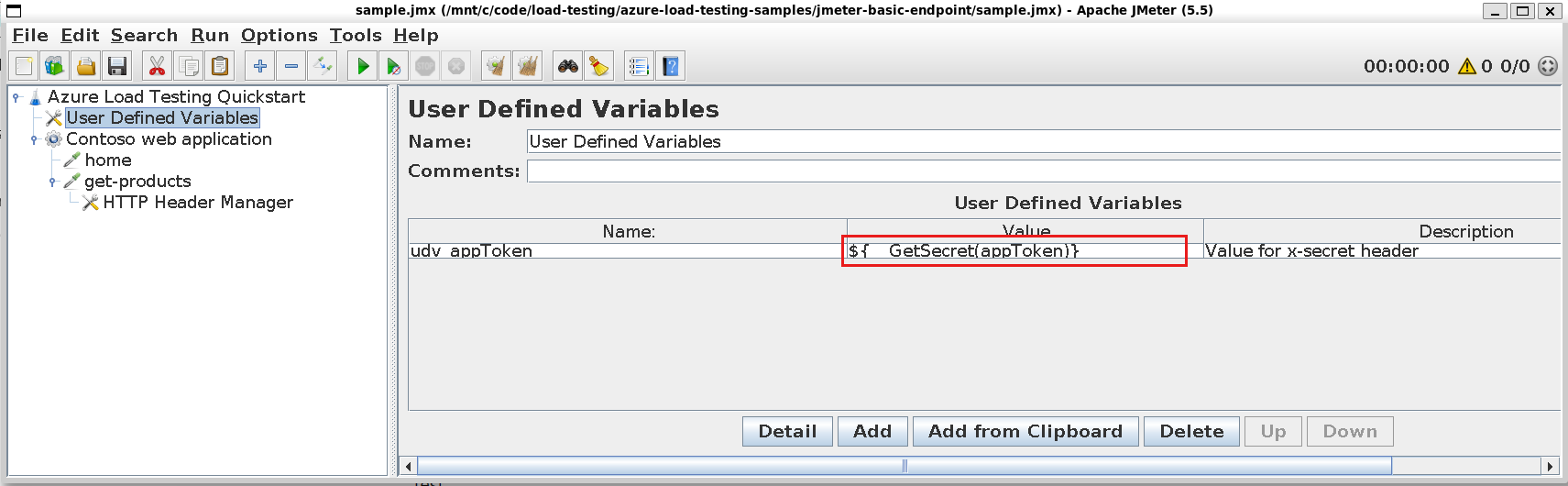 Screenshot that shows how to add a user-defined variable that uses the GetSecret function in JMeter.