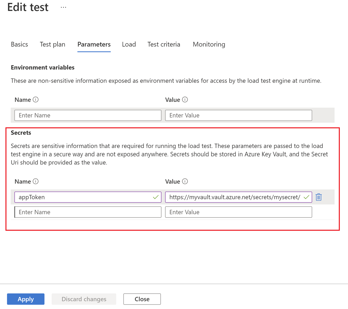 Screenshot that shows how to add secrets to a load test in the Azure portal.