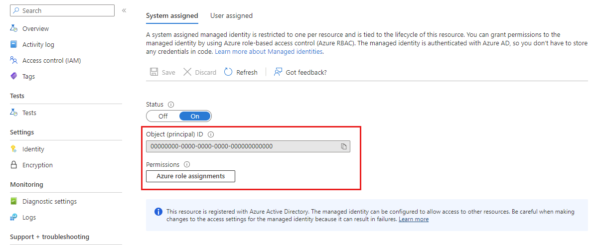 Screenshot that shows the system-assigned managed identity information for a load testing resource in the Azure portal.