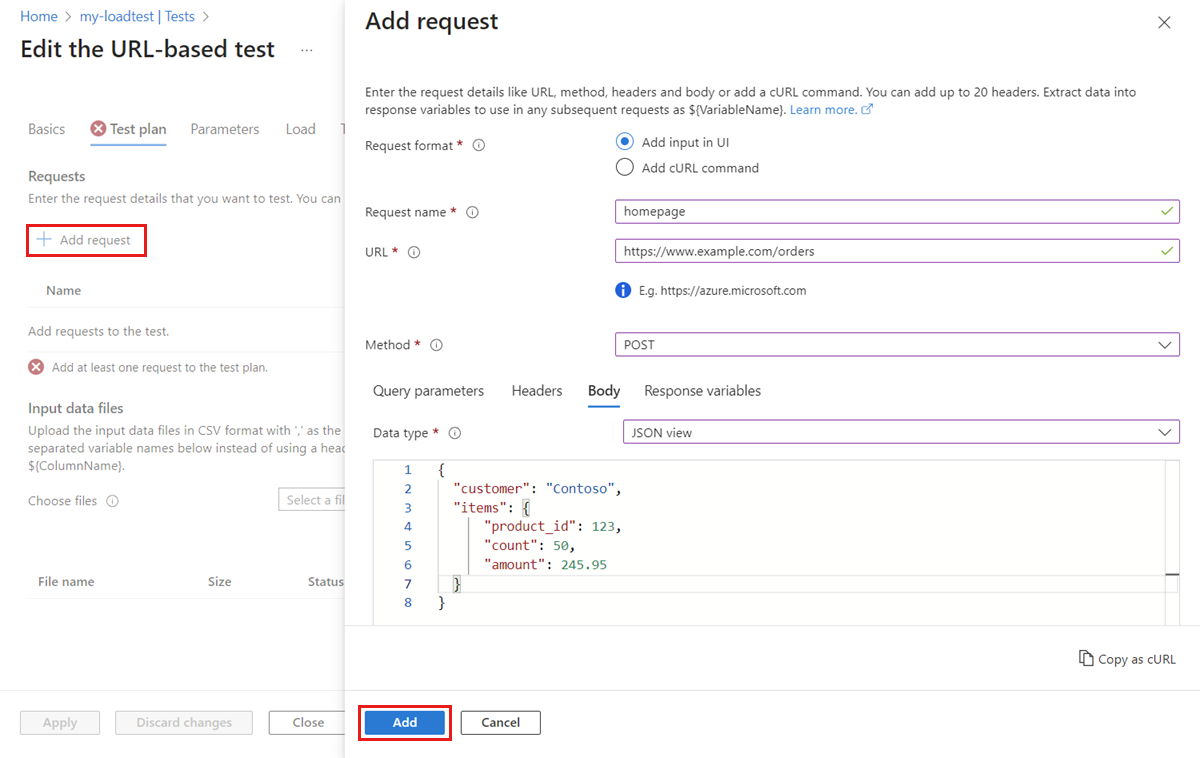 Screenshot that shows how to add a request to a URL-based load test in the Azure portal.