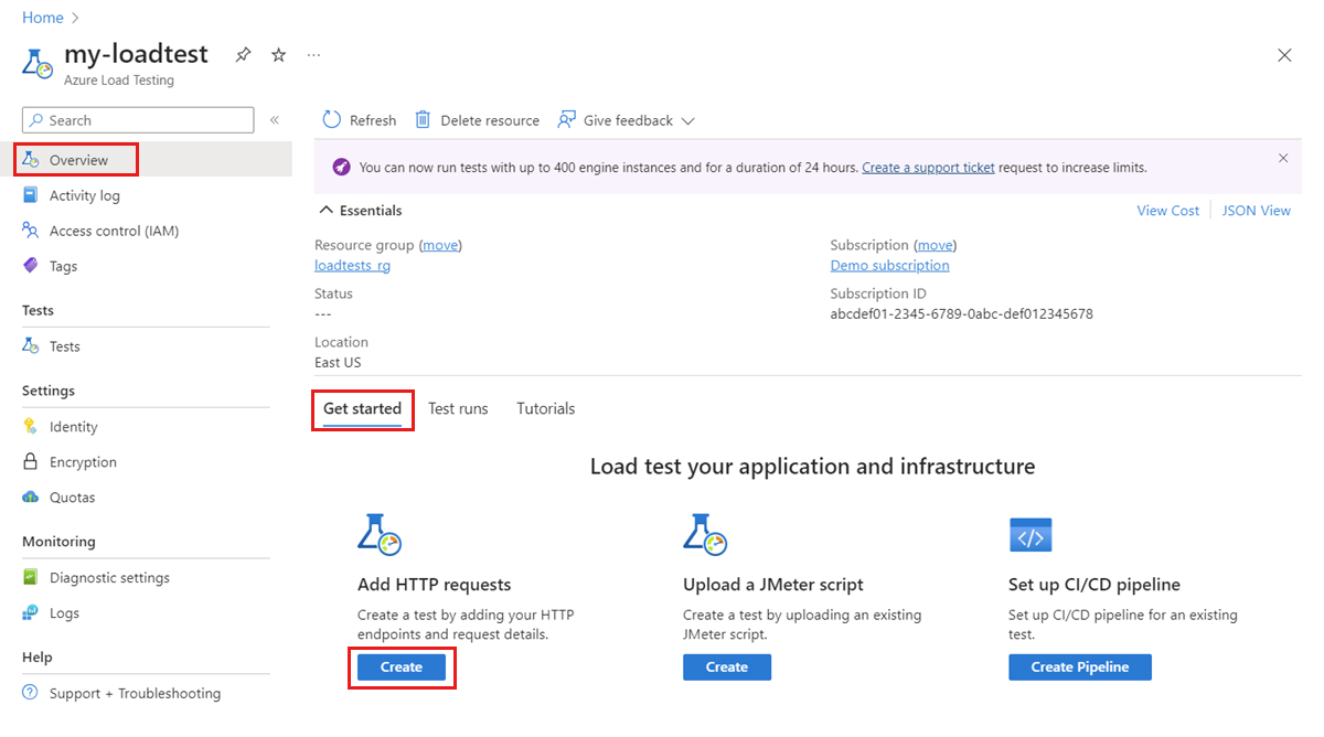 Screenshot that shows how to create a URL-based test from the resource overview page in the Azure portal.