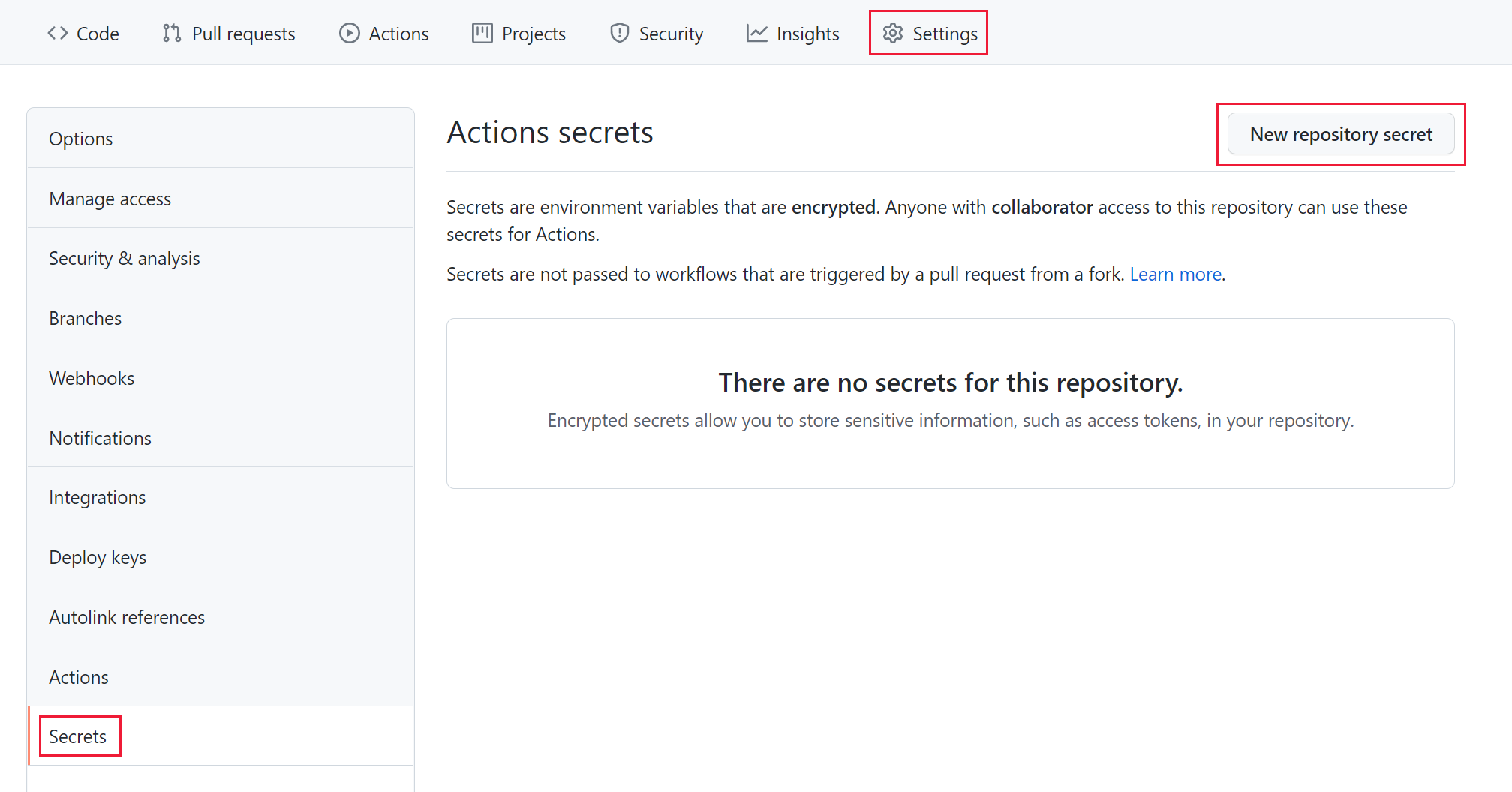 Screenshot that shows selections for adding a new repository secret to your GitHub repo.