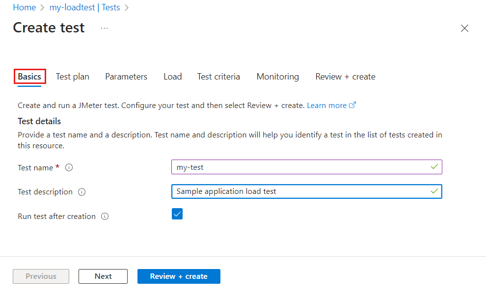 Screenshot that shows the Basics tab for creating a test.