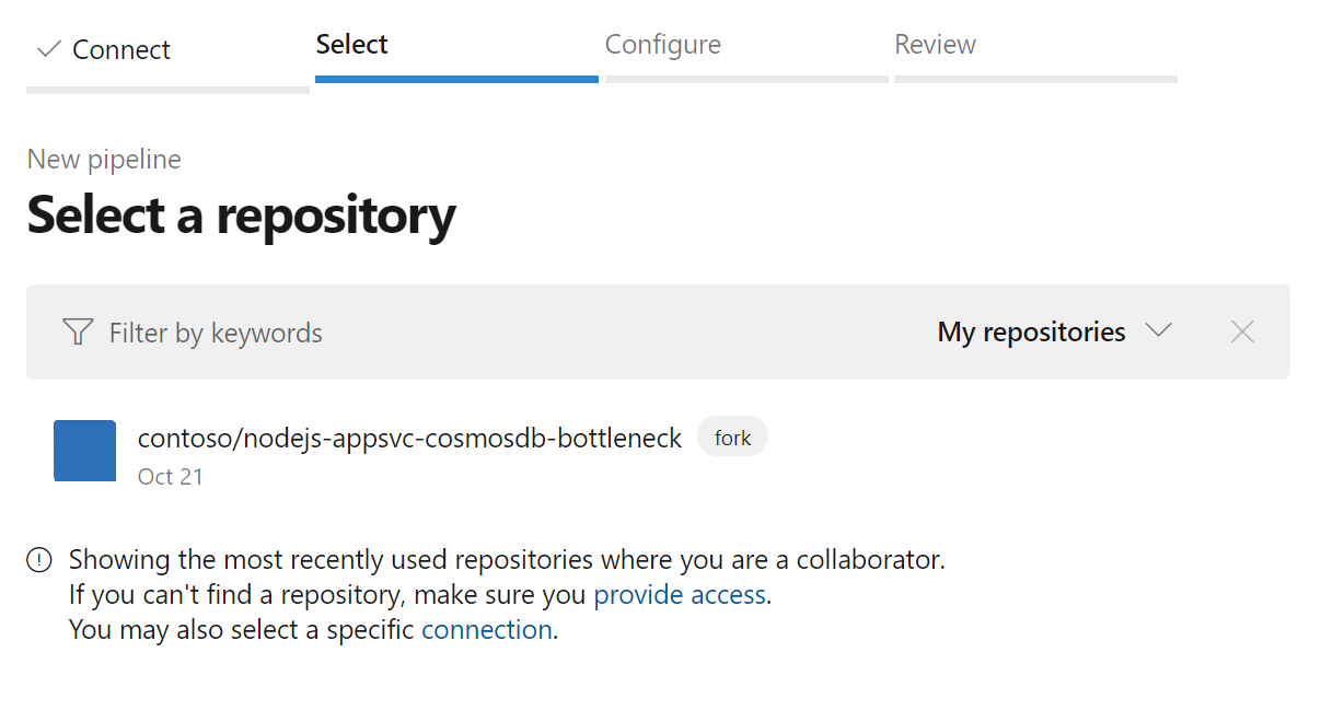 Screenshot that shows how to select the sample application's GitHub repository.
