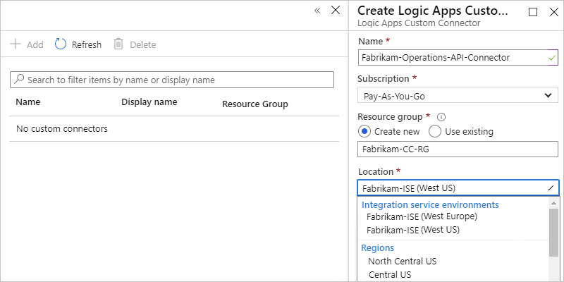 Screenshot that shows the "Create Logic Apps Custom Connector" window with example information selected.