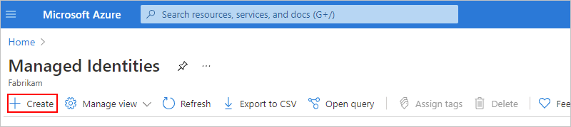 Screenshot shows Managed Identities page and selected option for Create.