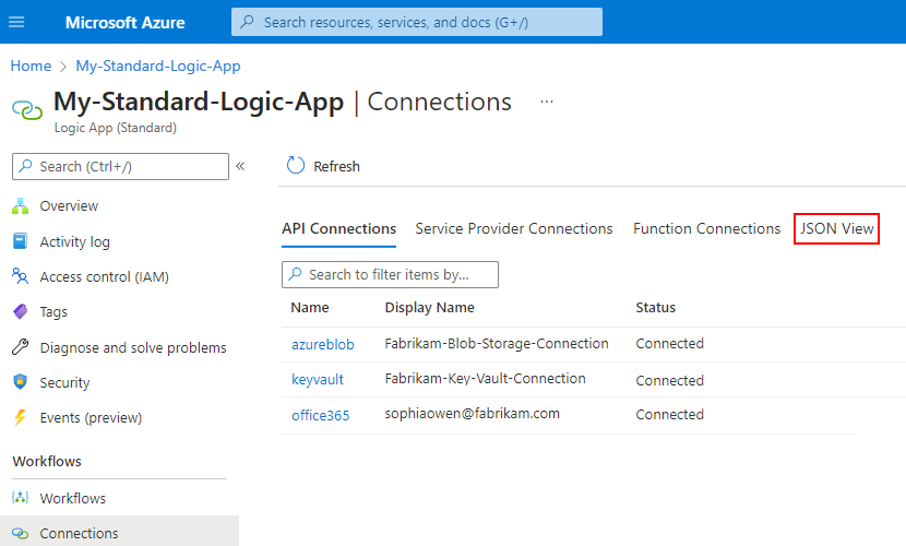 Screenshot showing the Azure portal, Standard logic app resource, "Connections" pane with "JSON View" selected.