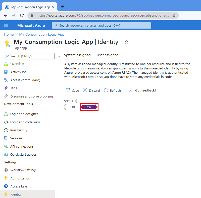Screenshot shows Azure portal, Consumption logic app, Identity page, and System assigned tab with selected options, On and Save.