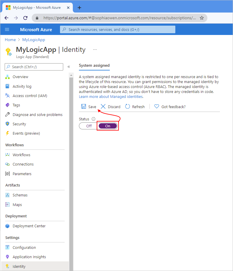 Screenshot shows Azure portal, Standard logic app, Identity page, and System assigned tab with selected options for On and Save.