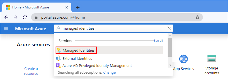 Screenshot shows Azure portal with selected option named Managed Identities.