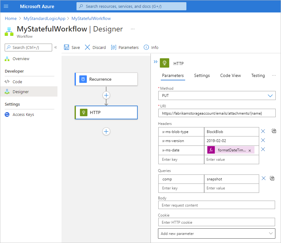 Screenshot shows Azure portal, Standard workflow, and HTTP action set up to access resources.