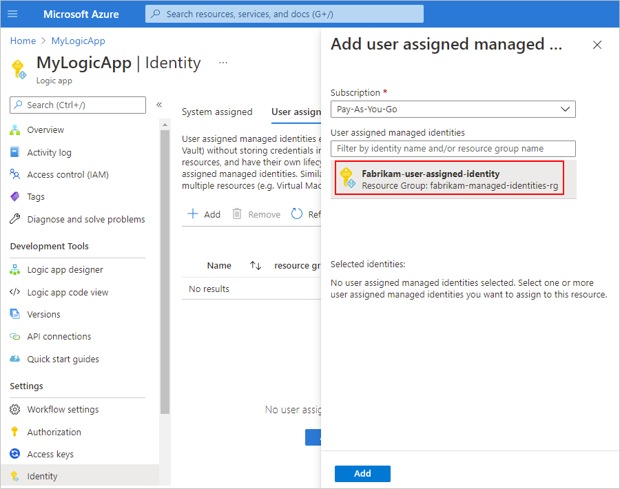 Screenshot shows Consumption logic app and selected user-assigned identity.