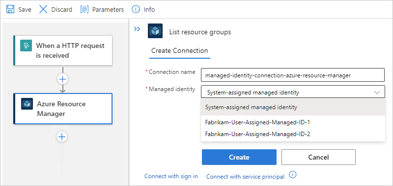 Screenshot shows Standard workflow and Azure Resource Manager action with the connection name entered and selected option for System-assigned managed identity.