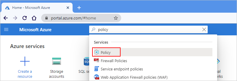 Screenshot showing main Azure portal search box with "policy" entered and "Policy* selected.