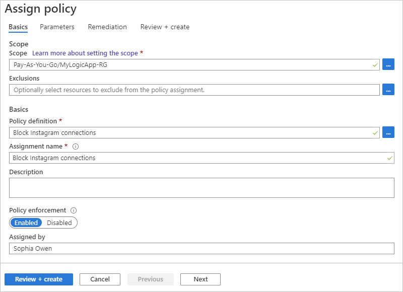Screenshot showing policy assignment properties.