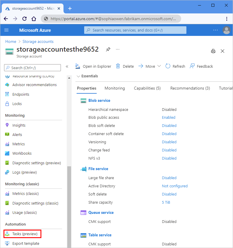 Screenshot that shows the Azure portal and storage account resource menu with "Tasks (preview)" selected.