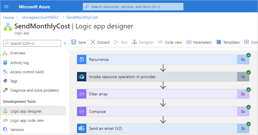 Screenshot that shows the workflow's run details on the designer.