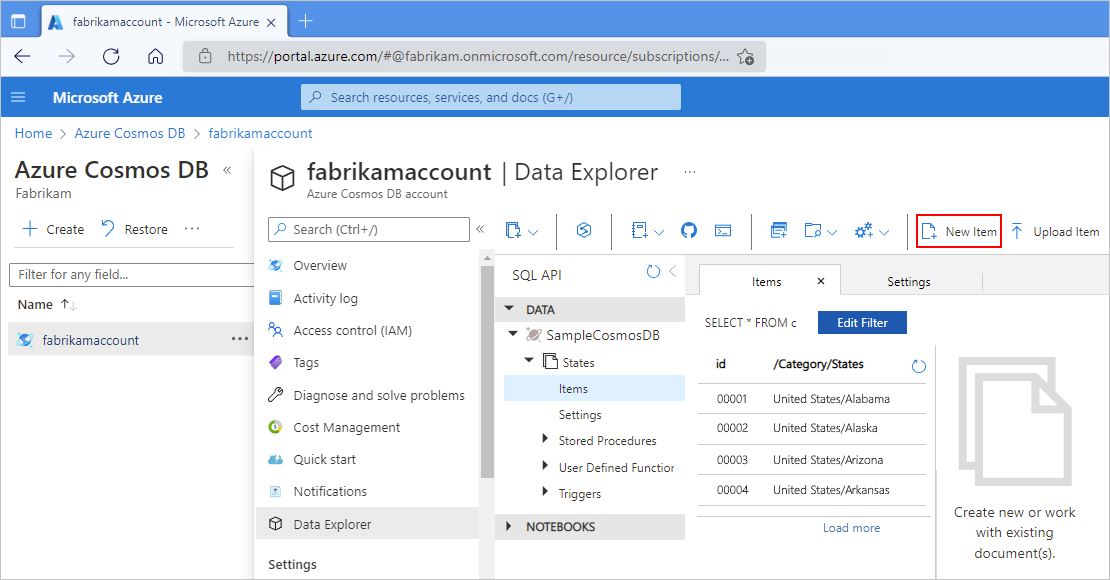Screenshot showing the Azure portal, Azure Cosmos DB account, and Data Explorer open to the specified database and collection.