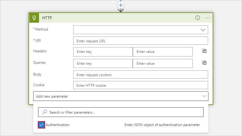 Screenshot showing example built-in action with "Add new parameter" list open and "Authentication" selected in Consumption.