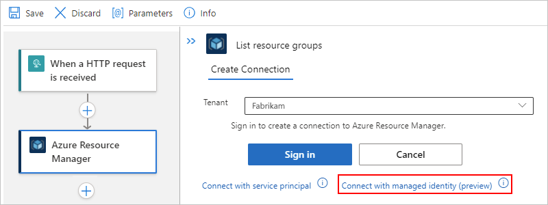 Screenshot showing Azure Resource Manager action and "Connect with managed identity" selected - Standard.