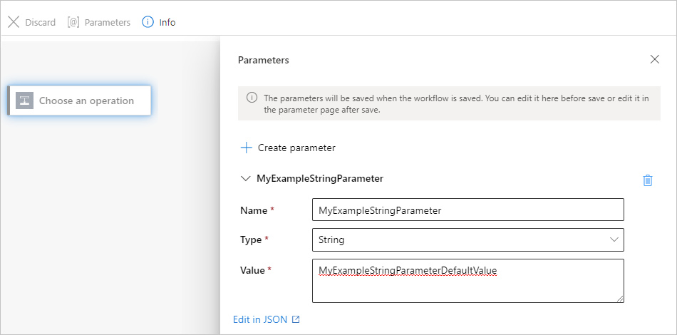 Screenshot showing Azure portal, designer for Standard workflow, and the "Parameters" pane with an example parameter definition.