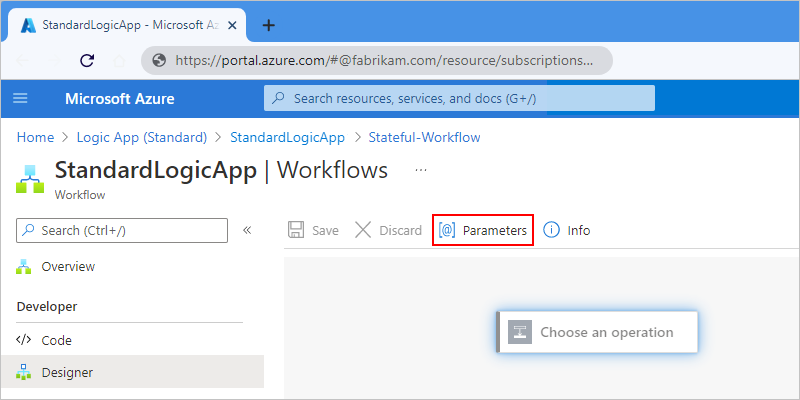 Screenshot showing Azure portal, designer for Standard workflow, and "Parameters" on designer toolbar selected.