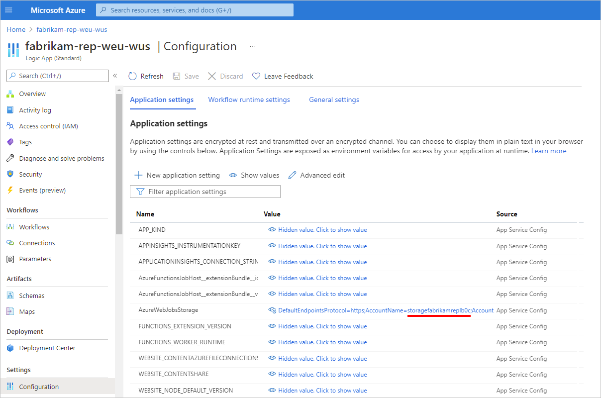 Screenshot showing the underlying logic app resource's "Configuration" pane with the "AzureWebJobsStorage" app setting and connection string with the storage account name.