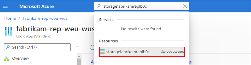 Screenshot showing the Azure portal search box with the storage account name entered.