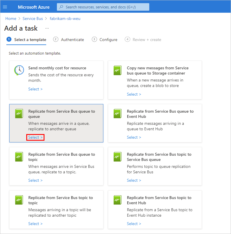 Screenshot showing the "Add a task" pane with "Replicate from Service Bus queue to queue" template selected.