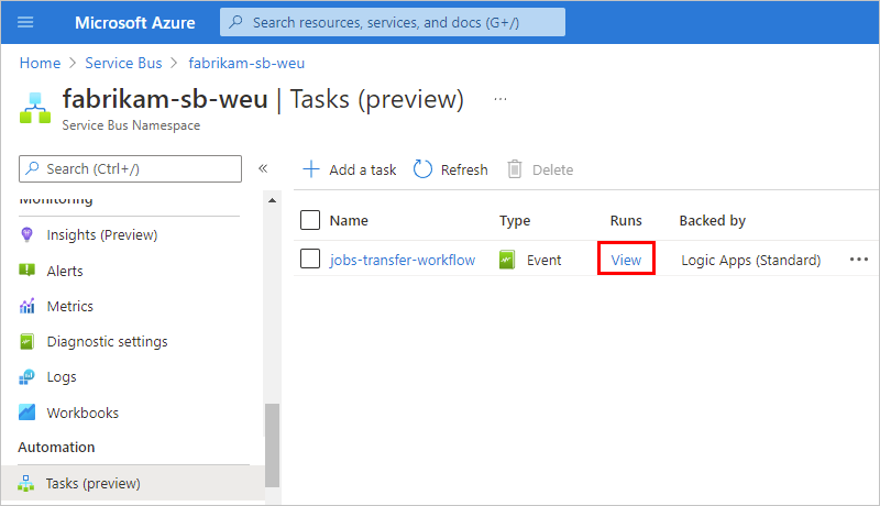 Screenshot showing the "Tasks" pane, a replication task, and the selected "View" option.