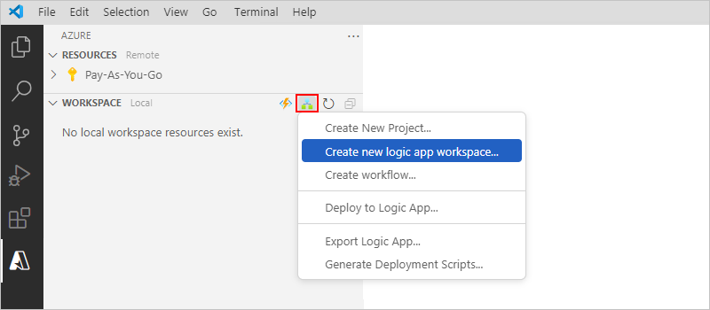 Screenshot shows Visual Studio Code, Azure window, Workspace section toolbar, and selected option for Create new logic app workspace.