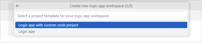 Screenshot shows Visual Studio Code with prompt to select project template for logic app workspace.