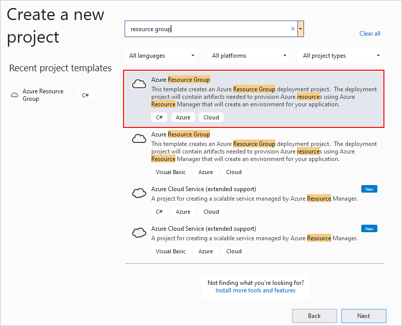 Screenshot showing "Create a new project" window and search box with "resource group" along with "Azure Resource Group" project template selected.