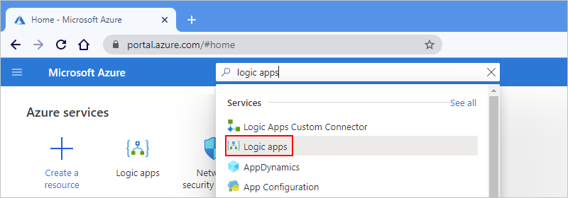Screenshot showing Azure portal search box with logic apps entered and logic apps group selected.