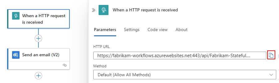 Screenshot that shows the designer with the Request trigger and endpoint URL in the "HTTP POST URL" property.