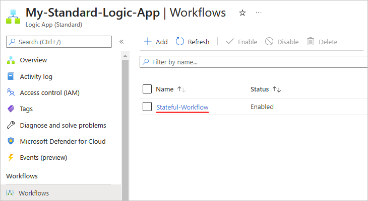 Screenshot that shows the newly added blank stateful workflow "Fabrikam-Stateful-Workflow".