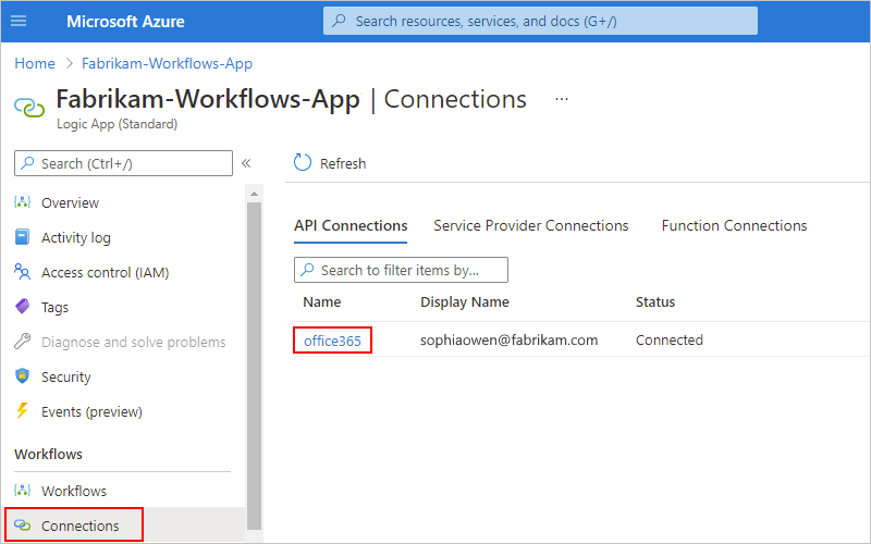 Screenshot that shows the Azure portal and logic app menu with the "Connections" and "office365" connection resource name selected.