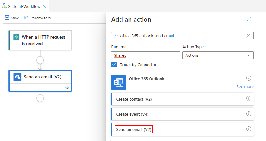 Screenshot that shows the workflow designer and Add an action pane with Office 365 Outlook "Send an email" action selected.