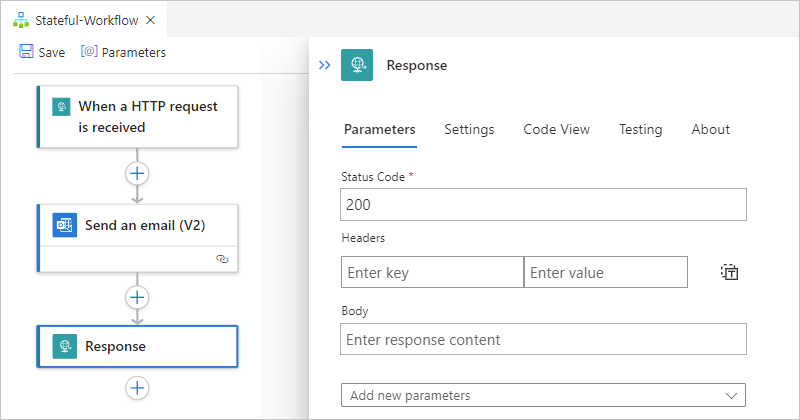 Screenshot that shows the workflow designer with the "Response" action's details pane open and the "Body" property set to the "Send an email" action's "Body" property value.
