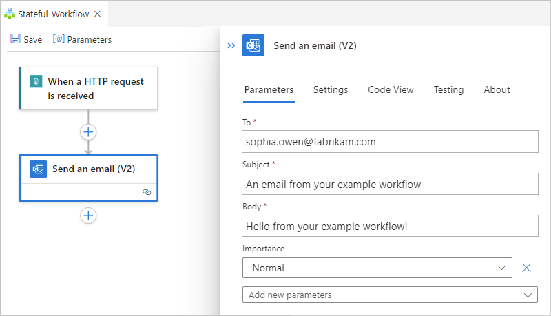 Screenshot that shows the workflow designer with details for Office 365 Outlook "Send an email" action.