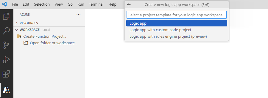 Screenshot shows prompt to select a project template with selected option for logic app.
