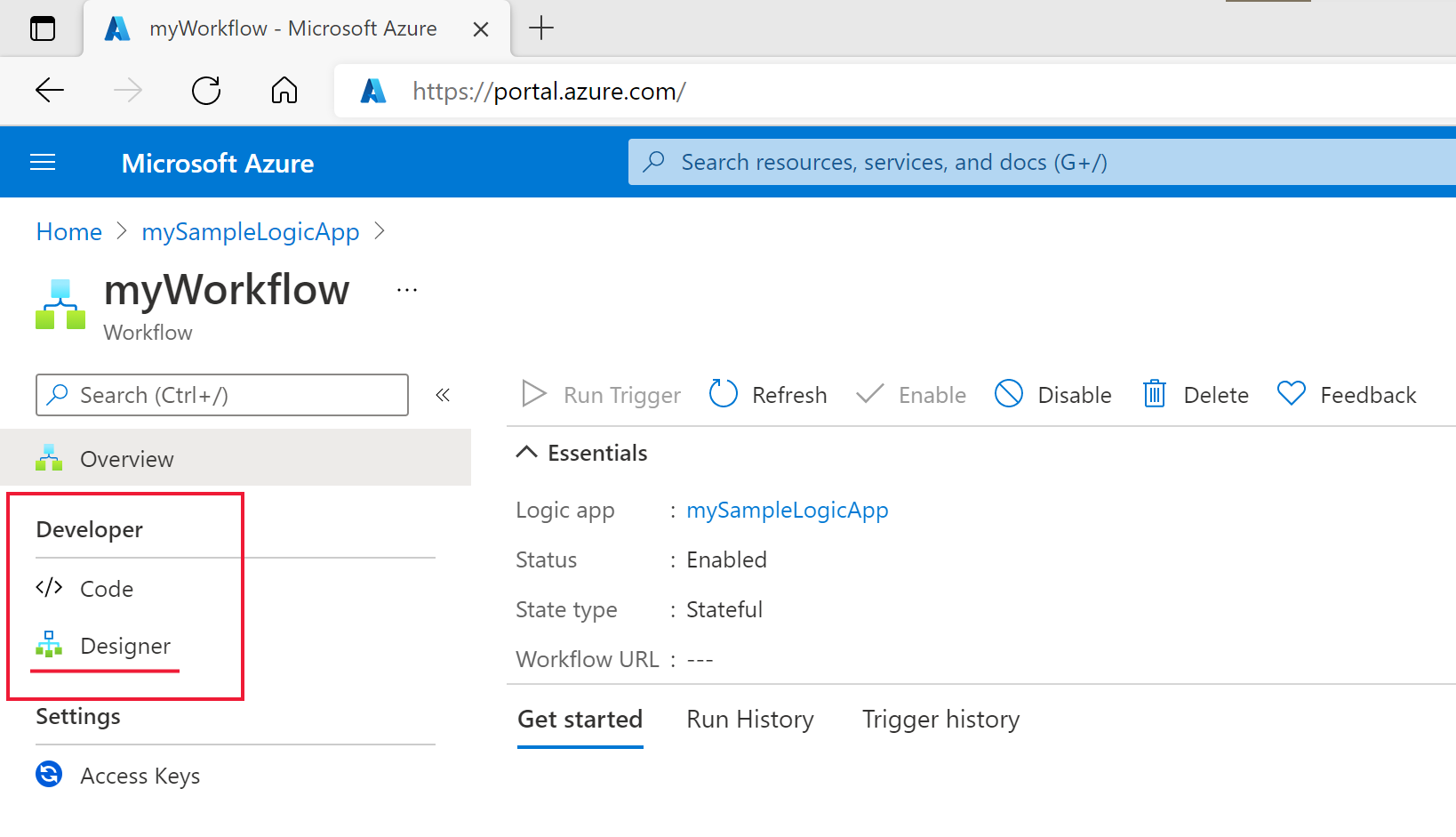 Screenshot of a logic app resource page in the Azure portal, showing the sidebar options to view a workflow in Code or Designer view.