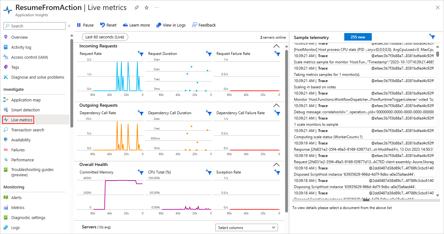 Screenshot shows Azure portal and Application Insights menu with selected item named Live metrics.