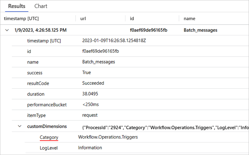Screenshot shows Application Insights with Requests table and record for a Batch messages trigger event.
