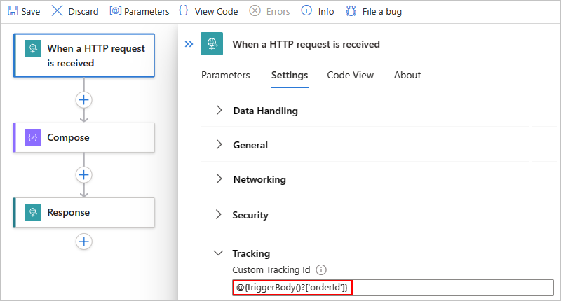 Screenshot shows Azure portal, Standard workflow, Request trigger selected, Settings tab, and custom tracking Id.